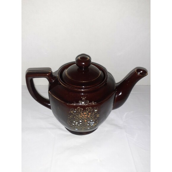Vtg. Brown Moriage 1940s Handpainted Floral Teapot and Lid Gold Trim Japanese - Picture 3 of 12